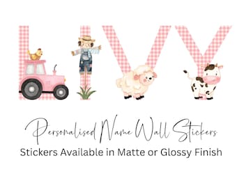 Pegatinas de pared personalizadas con nombre de animal de granja rosa, vinilo mate o brillante (7,62 cm de alto)