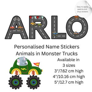 Naklejki z imionami na zamówienie Monster Truck Design, Zwierzęta prowadzące Monster Trucks Theme, Nazwy projektów dróg winylowych, Litery samoprzylepne winylowe