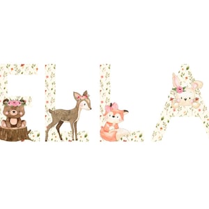 Adesivo de nome personalizado, animais da floresta, decoração com tema de floresta, adesivos de parede de vinil, 7,62 cm de altura, letras adesivas, cinza ou floral