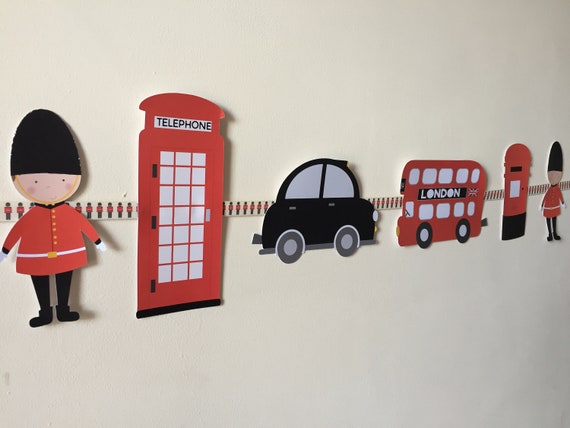 London Theme Bunting Ideal For Children S Bedroom Playroom Or Party Decoration Soldiers Bus Black Cab Phone Box Post Box Soldier Ribbon