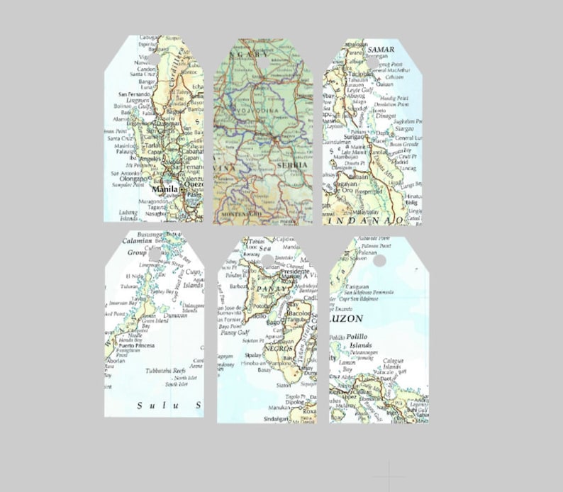 May include: Six rectangular gift tags with a map design. The tags feature different regions, including Manila, Samar, and Luzon. Each tag has a hole at the top for attaching to a gift.