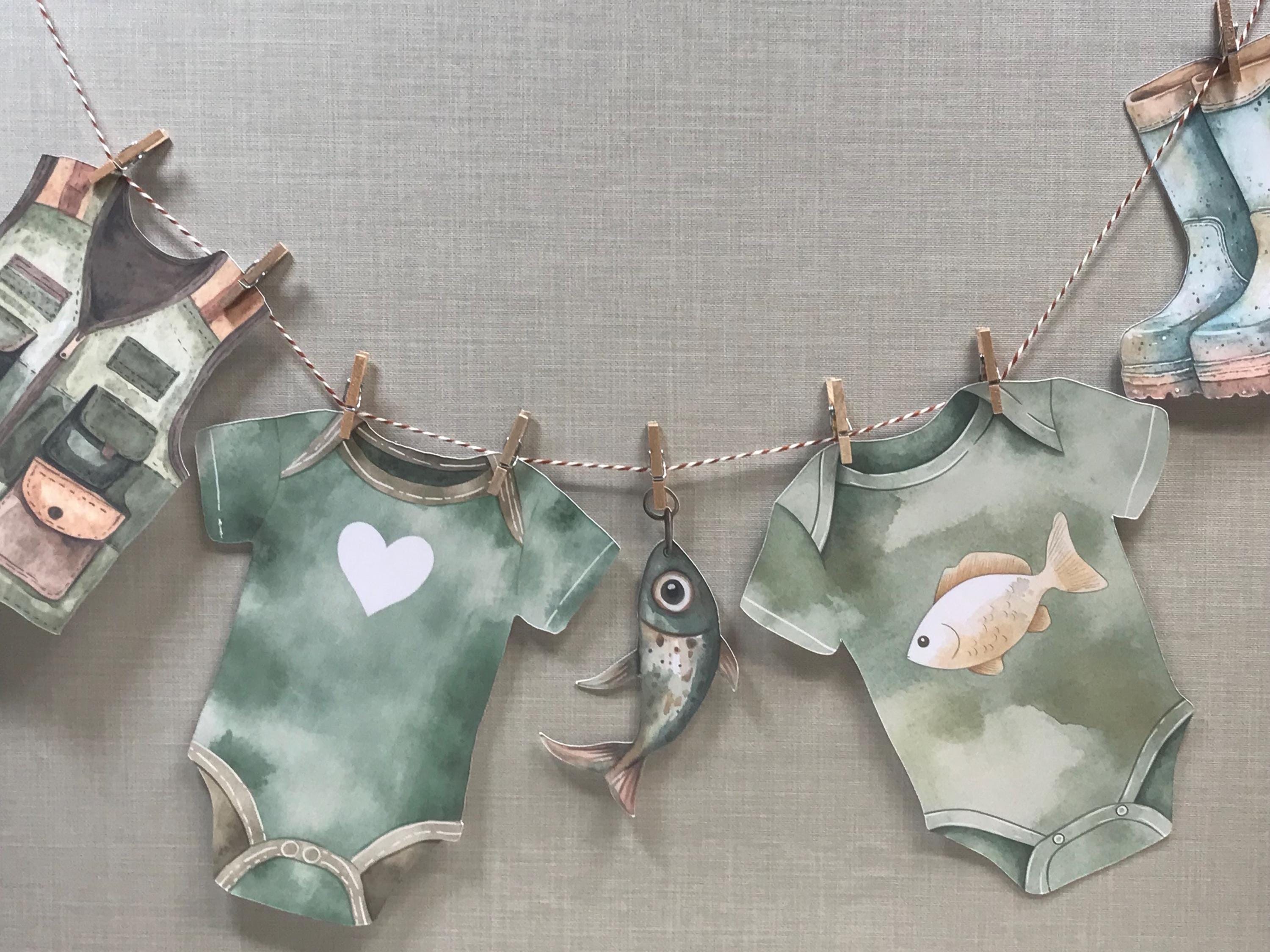 Little Fisherman Baby Shower Bunting, Fishing Baby Shower Garland, Gone Fishing Theme Baby Shower, Baby Shower Washing Line Style with pegs