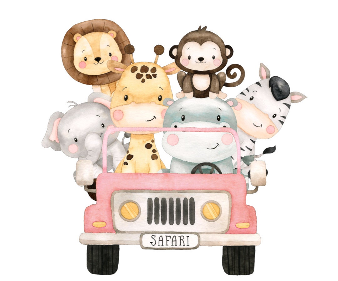 Safari Theme Wall Sticker, Safari Animals Pink Truck, Green Safari