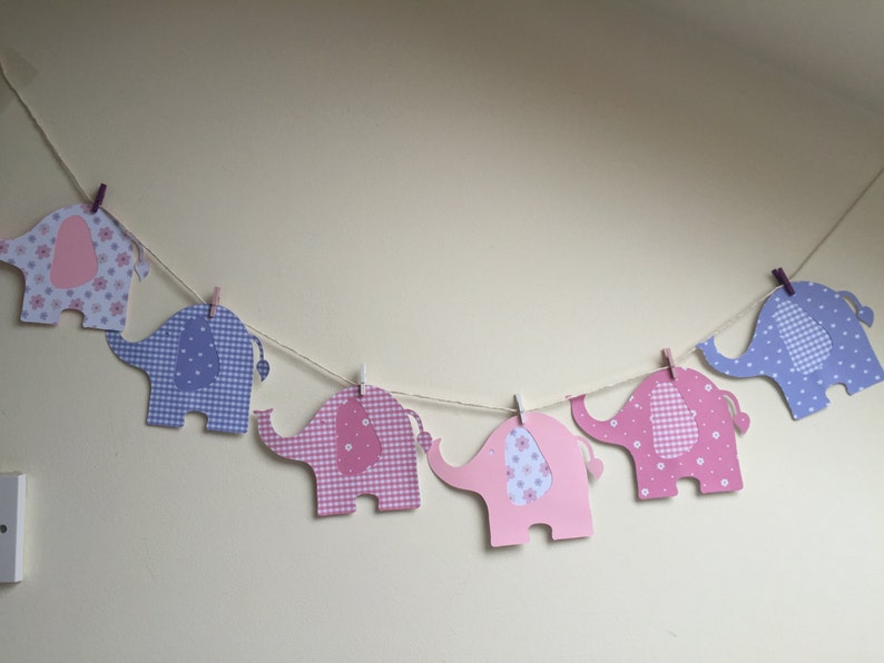 Pink Blue or Yellow patterned card with individual mini wooden pegs and string Elephant Design Baby Bunting for baby showers or new baby