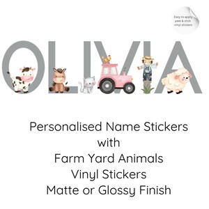 Pegatinas personalizadas con nombre, letras grises para pegar, decoración de pared estilo animales de granja, tractor azul, animales de granja, decoración de pared para habitación infantil, 12,7 cm de alto