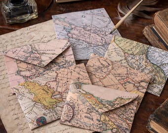 Handmade Vintage Map Envelopes - Set of 5, Travel Theme