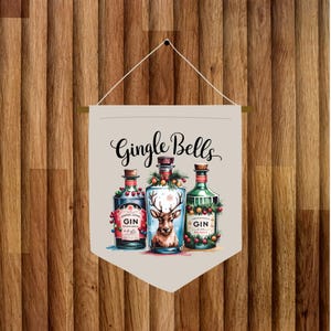 Decoración navideña de Gingle Bells, bandera de lino para colgar en la pared, tarjetas navideñas con botellas de ginebra, juego de 6 etiquetas de regalo de Gingle Bells con cinta roja
