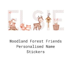 Adesivos personalizados com nomes Woodland Forest Friends, letras adesivas de vinil, letras de coração em creme decoradas com coelhos, ursos, veados e pássaros