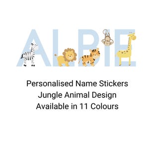 Pegatinas de nombre personalizadas, animales de la jungla, nombres con temática de safari, letras adhesivas, temática de jungla azul, animales de safari azules, 3" de alto, 7,62 cm