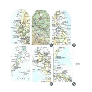 May include: A collection of six map-themed gift tags. The tags feature detailed geographical maps with place names like Manila, Samar, and Luzon. The tags are rectangular with a rounded top and a hole for stringing.