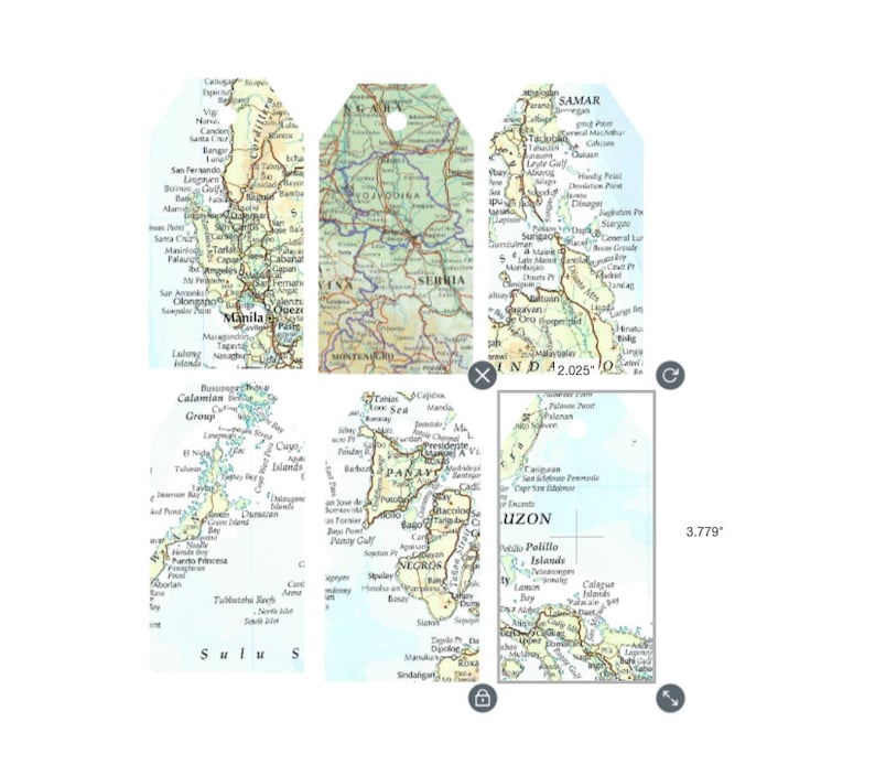 May include: A collection of six map-themed gift tags. The tags feature detailed geographical maps with place names like Manila, Samar, and Luzon. The tags are rectangular with a rounded top and a hole for stringing.