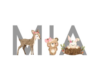 Personalised Name Stickers, Boho Woodland Forest Creatures, Vinyl Wall Stickers 4" high, 10.16 cm high, Grey Stick On Letters