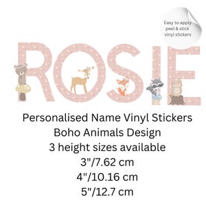 Personalised Name Stickers Boho Forest Animals,  Woodland Creatures Names, Vinyl Wall Stickers, Pink Heart Design, Cream Heart Design,