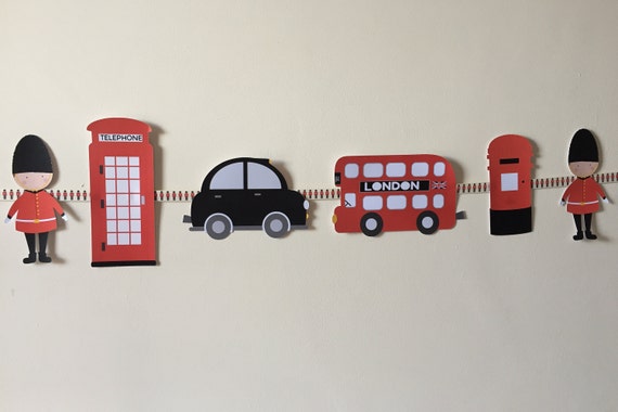 London Theme Bunting Ideal For Children S Bedroom Playroom Or Party Decoration Soldiers Bus Black Cab Phone Box Post Box Soldier Ribbon