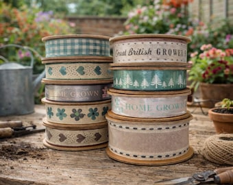 Garden Themed Ribbon, Rustic Green & Cream Ribbon, Natural Charms Collection
