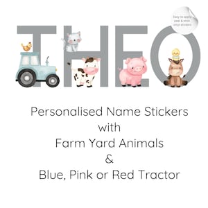 Pegatinas personalizadas con nombre, letras grises para pegar, decoración de pared estilo animales de granja, tractor azul y rosa, animales de granja, decoración de pared para habitación infantil, 10 cm de alto