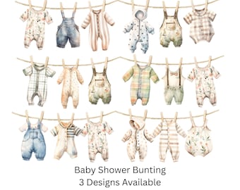 Baby Shower Clothesline Bunting – Neutral Soft Tone Baby Clothes Garland with Wooden Pegs