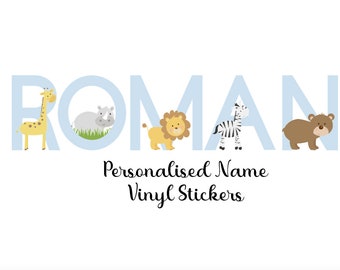 Personalised Name Stickers, Jungle Animal, Safari Theme Names, Stick on letters, Blue Jungle Theme, Blue Safari Animals, 3" High, 7.62 cm