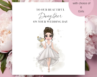 Daughter Wedding Day Card, Illustrated Bride, From Mum and Dad, Personalised Greeting