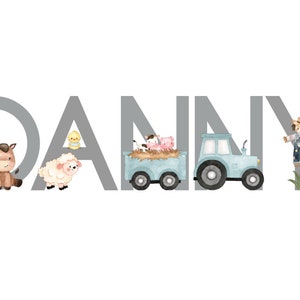 Farm Yard Animal Personalised Name Stickers, Cute Farm Animals, Grey Stick On Letters, Blue Tractor, Nursery Decor, Vinyl Stickers 3" high