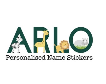 Adesivos personalizados com nomes de animais da selva: decoração com tema de safári