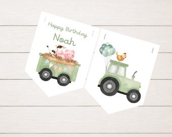 Personalised Farmyard Animal Birthday Bunting, Tractor Party Garland for Kids blue, green, pink or red