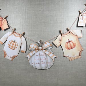 Puede incluir: Una pancarta de baby shower con ropa de bebé y una decoración en forma de calabaza. La ropa de bebé tiene forma de bodies, con gráficos de calabaza. La decoración de calabaza tiene un lazo y el texto "a little pumpkin is on the way".