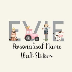 Adesivos personalizados com tema de animais de fazenda, letras adesivas cinza, estilo animal de fazenda, decoração de berçário de fazenda, fazenda rosa de 3" de altura,