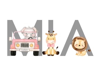 Personalised Name Stickers, Jungle Animal, Safari Theme Names, Stick on letters, Grey Jungle Theme, Pink or Green Truck, 3" High, 7.62 cm