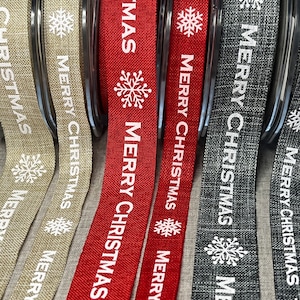 Weihnachtsbandlängen, Frohe Weihnachten, Rot, Grau oder Naturleinen, 15 mm, 25 mm, Leinenmischung, Kranzband, Geschenkpapierband,