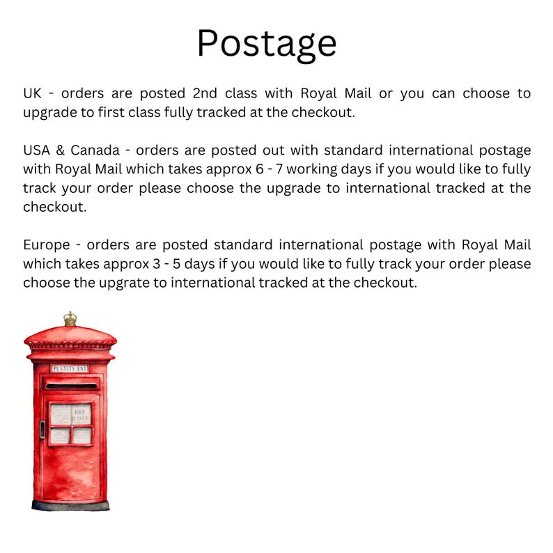 May include: A watercolour illustration of a red British postbox, with the word "Postage" above. Text details shipping information for the UK, USA, Canada, and Europe. The postbox features a gold crown and a small door.