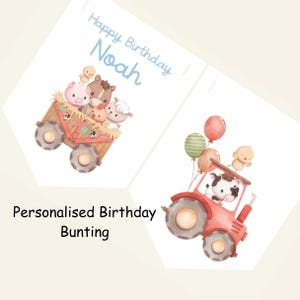 Bandierine di compleanno con animali da fattoria personalizzate con il nome del bambino, striscione di compleanno personalizzato, striscione di compleanno con trattore rosso, età uno, due, tre anni