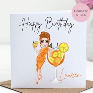 Carte de joyeux anniversaire personnalisée, guirlande d'anniversaire pour femme, guirlande d'anniversaire inspirée d'Aperol, 5 choix de fille vêtue d'une robe orange
