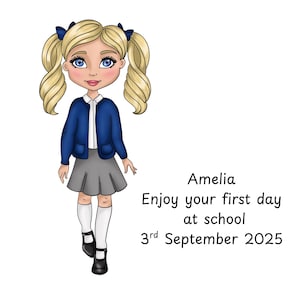 Tarjeta personalizada para el primer día de clases, niña con uniforme azul, 5 chicas diferentes para elegir, mensaje personalizado en la tarjeta, ¡Disfruta tu primer día!