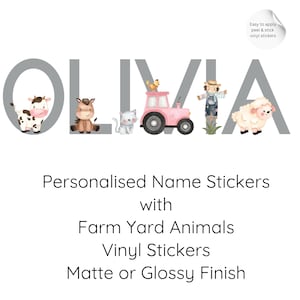 Adesivos de nome personalizados, letras adesivas cinza, arte de parede estilo animal de fazenda, trator rosa, animais de fazenda, arte de parede de berçário, 12,7 cm de altura