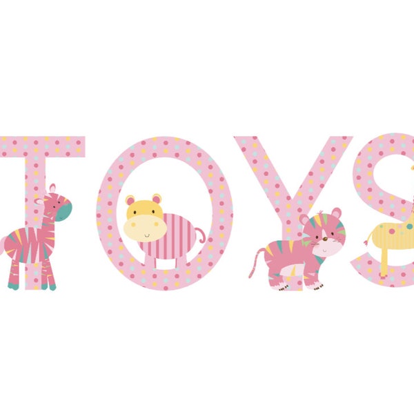 TOY BOX or TOYS Stickers, Pink Jungle Animals Design Letters, Pink Safari Animal Letters, Sticker On Letter Stickers, Vinyl Decal Sticker 4"