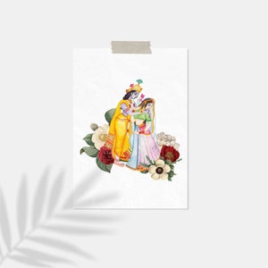 Hand-painted Radha Krishna illustration with floral detail, New home & Baby gift, Colourful Indian Radha Krishna wall art,Diwali decor gift