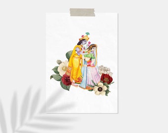 Hand-painted Radha Krishna illustration with floral detail, New home & Baby gift, Colourful Indian Radha Krishna wall art,Diwali decor gift