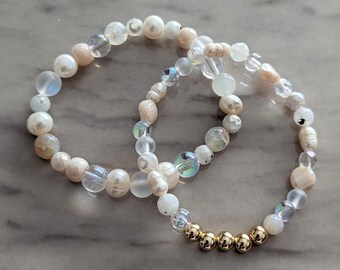 RICE KRISPIES | pearl and gemstone beaded bracelet set, boho style, neutrals