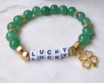 LUCKY | jade gemstone stretch bracelet, irish, st. patricks day, shamrock, stacking bracelets