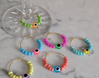 Boho Evil Eye Wine Charms: Set of 6 Beaded Glass Markers