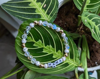 MAMA | beaded stretch bracelet, gemstone stacking bracelet, neutral, gold, white