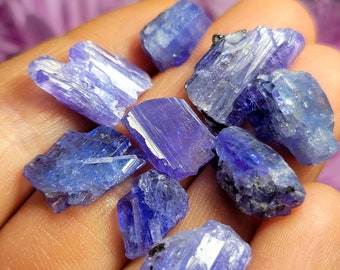 May include: A collection of raw blue and purple kyanite crystals. The crystals are pointed and have a striated texture.