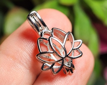 Lotus Gemstone Cage Pendant, Silver Pearl Charm Necklace: Jewelry Making Supplies