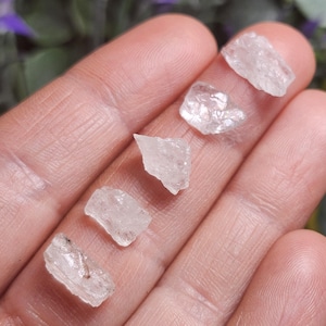 May include: Five small, clear, quartz crystals of varying shapes and sizes are held in a hand. The crystals are translucent and have a slight sparkle.