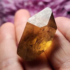 Könnte beinhalten: Eine goldene Citrin-Kristallspitze mit einer klaren, facettierten Form. Der Kristall hat ein natürliches, rohes Aussehen mit einigen Einschlüssen.