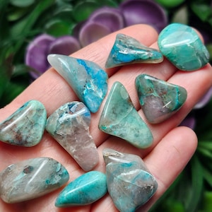 May include: A collection of ten tumbled green and blue chrysoprase stones. The stones are smooth and polished, with a variety of shapes and sizes.