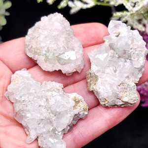 May include: Three clusters of raw, translucent white quartz crystals with jagged, multifaceted surfaces. Each piece features a rough, earthy base with visible mineral deposits, showcasing natural geometric formations and a bright, reflective crystalline texture.