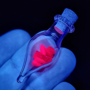 May include: A clear glass bottle with a cork stopper, containing several glowing red pieces. The bottle has a teardrop shape and is held against a dark background. The cork is a light brown color.