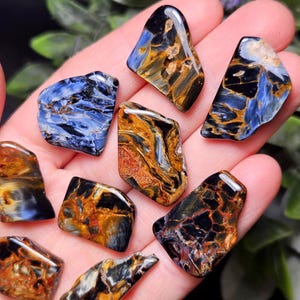 May include: A collection of nine polished, irregular-shaped gemstones featuring a mix of deep blue, golden brown, and black swirling patterns. Each stone has a smooth, glossy surface with distinct color variations and natural mineral inclusions.